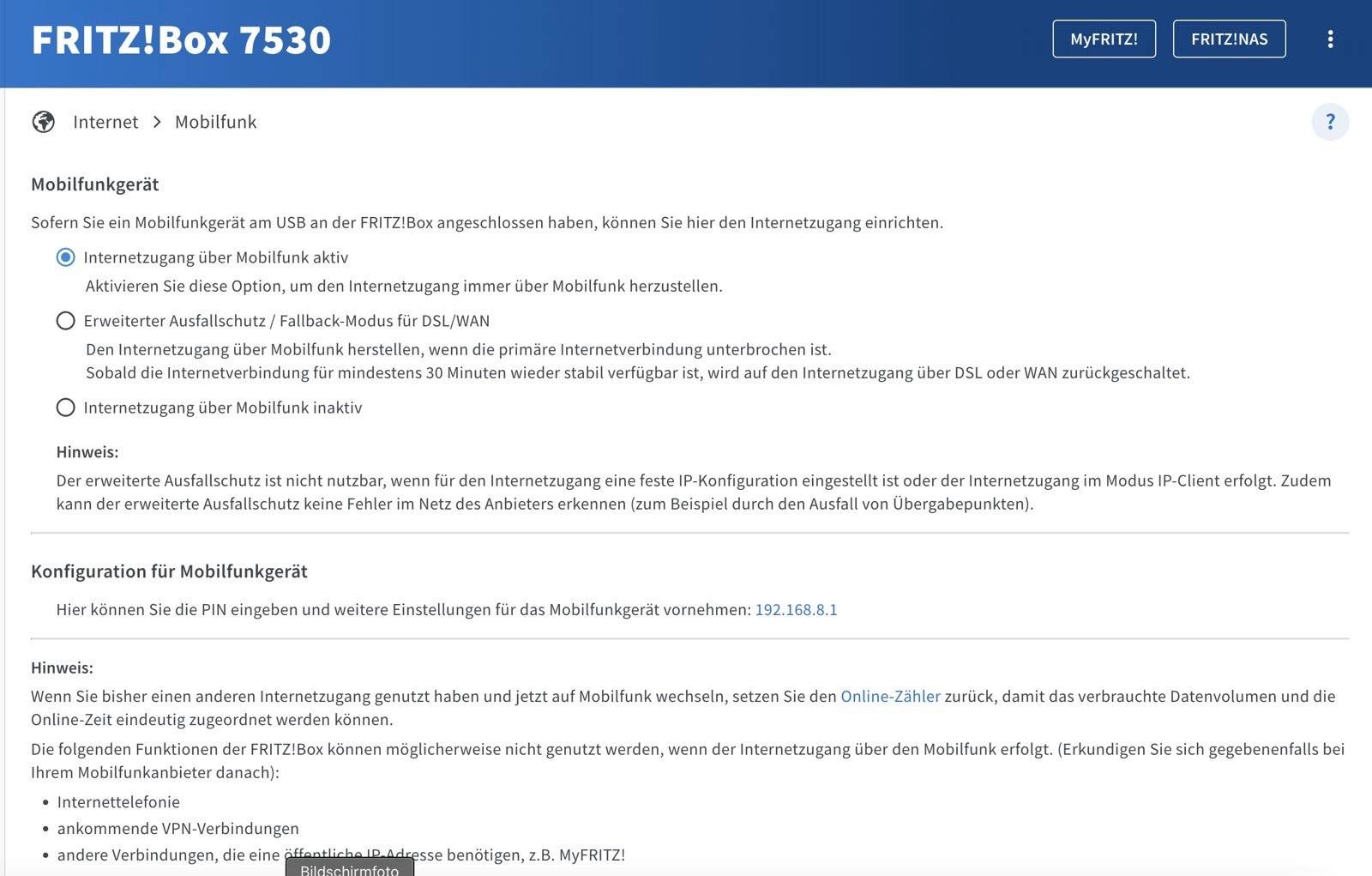 The image displays a configuration menu for the FRITZ!Box 7530 router's mobile network settings. It includes options for enabling mobile internet access, fallback modes, and additional configuration instructions, along with relevant notes and an IP address for device management