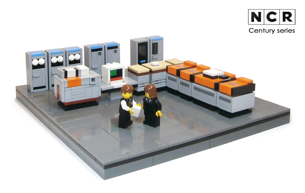 a small lego model with an oldschool NCR computer 