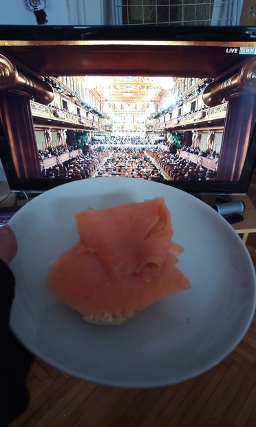 Ein Teller mit LachsbrÃtchen vorm TV Bildschirm