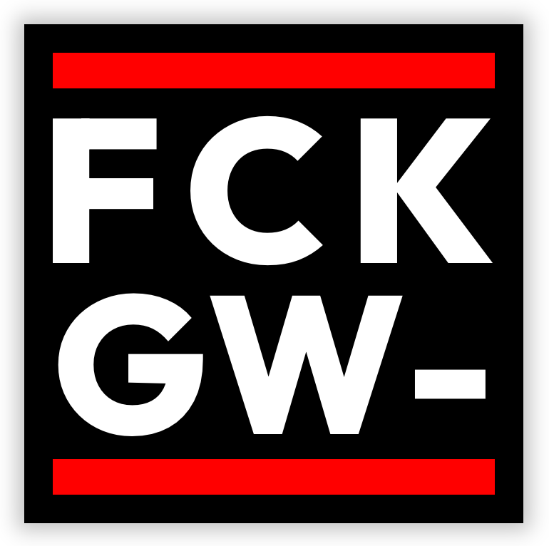 the common "FCK <blank>" sticker format with the two thick red stripes on the top and bottom, modified to say "FCKGW-", which is the beginning of a Windows XP volume licensing product key which some people know by heart