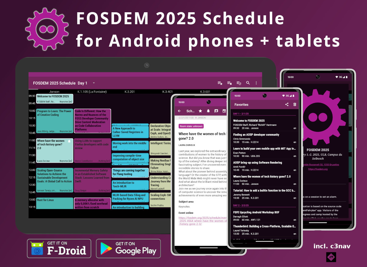 Screenshots of the FOSDEM 2025 Schedule for Android phones + tablets.