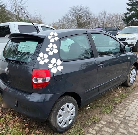 Ein Photoshop-Bild von einem VW Fox mit Blumenaufklebern auf der C-Säule.
Das gestohlene Fahrzeug sieht ähnlich aus.