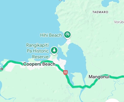 Map showing Hihi Beach, Rangikapiti Pa Historic Reserve, and Coopers Beach, along with nearby Mangonui, in a coastal area.