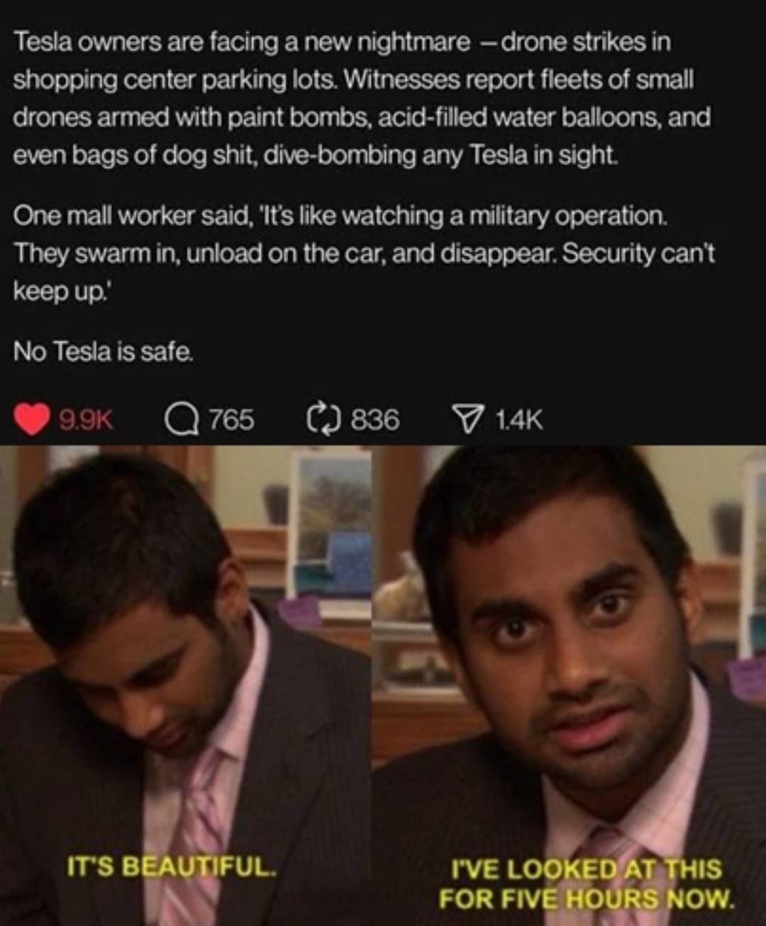A post describing drone strikes on Tesla cars in parking lots. 