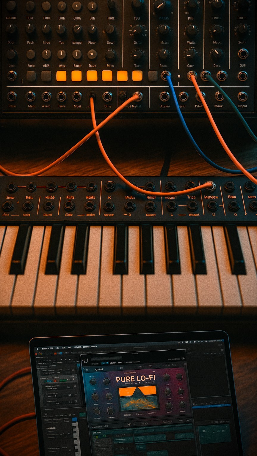 KI-generiertes Bild. Vor einem Synthesizer mit diversen Patchkabeln liegt eine Klaviatur (ebenfalls mit Patchbuchsen und -kabeln) und vor ihr ein Tablet.
Die Klaviatur hat wie üblich weiße und schwarze Tasten, aber die schwarzen Tasten sind nicht in Zweier- und Dreier-Gruppen, sondern von links nach rechts in einer Einer-, einer Zweier-, einer Vierer- und wieder einer Einer-Gruppe. Außerdem sind die schwarzen Tasten teilweise nicht zwischen zwei weißen Tasten zentriert, sondern etwas nach links oder rechts verschoben. KI-generiertes Bild. Vor einem Synthesizer mit diversen Patchkabeln liegt eine Klaviatur (ebenfalls mit Patchbuchsen und -kabeln) und vor ihr ein Tablet.
Die Klaviatur hat wie üblich weiße und schwarze Tasten, aber die schwarzen Tasten sind nicht in Zweier- und Dreier-Gruppen, sondern von links nach rechts in einer Einer-, einer Zweier-, einer Vierer- und wieder einer Einer-Gruppe. Außerdem sind die schwarzen Tasten teilweise nicht zwischen zwei weißen Tasten zentriert, sondern etwas nach links oder rechts verschoben.