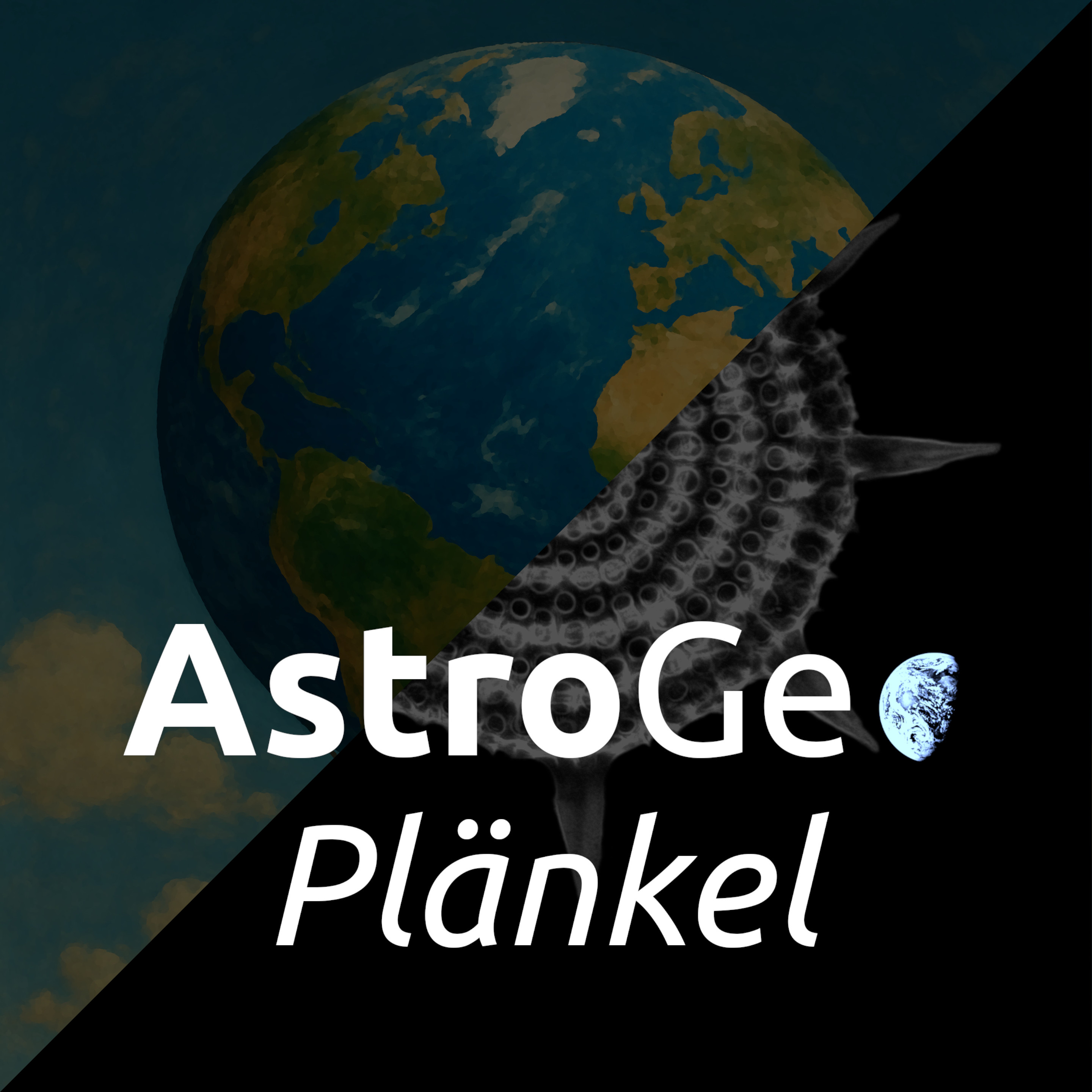 Schriftzug AstroGeoPlänkel, darunter zur Hälfte eine weiße sternförmige und sehr feine komplexe Struktur. Die andere Hälfte zeigt die Erde im als Heißuftballon am blauen Himmel.