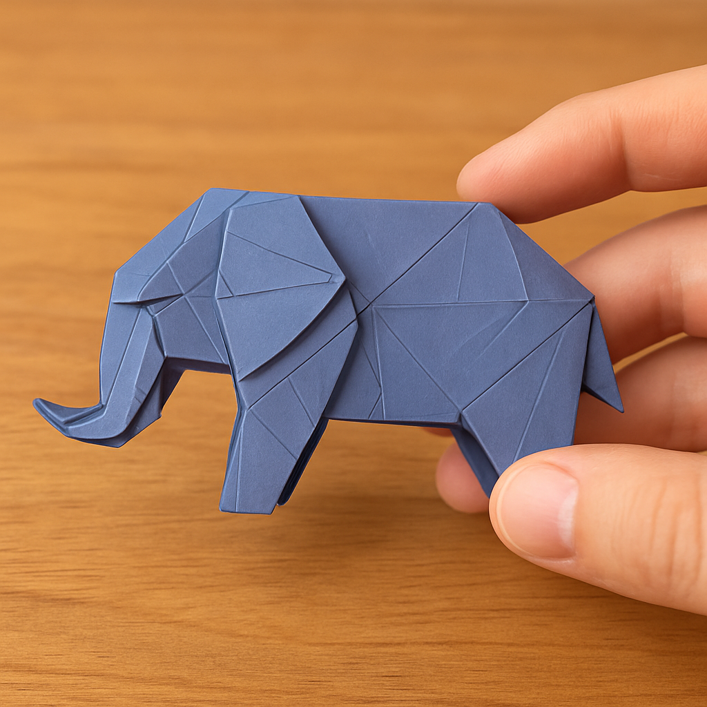 a AI generated picture of an blue origami mastodon in front of a light brown wooden table. A hand is holding the paper sculpture coming in from the right. 
