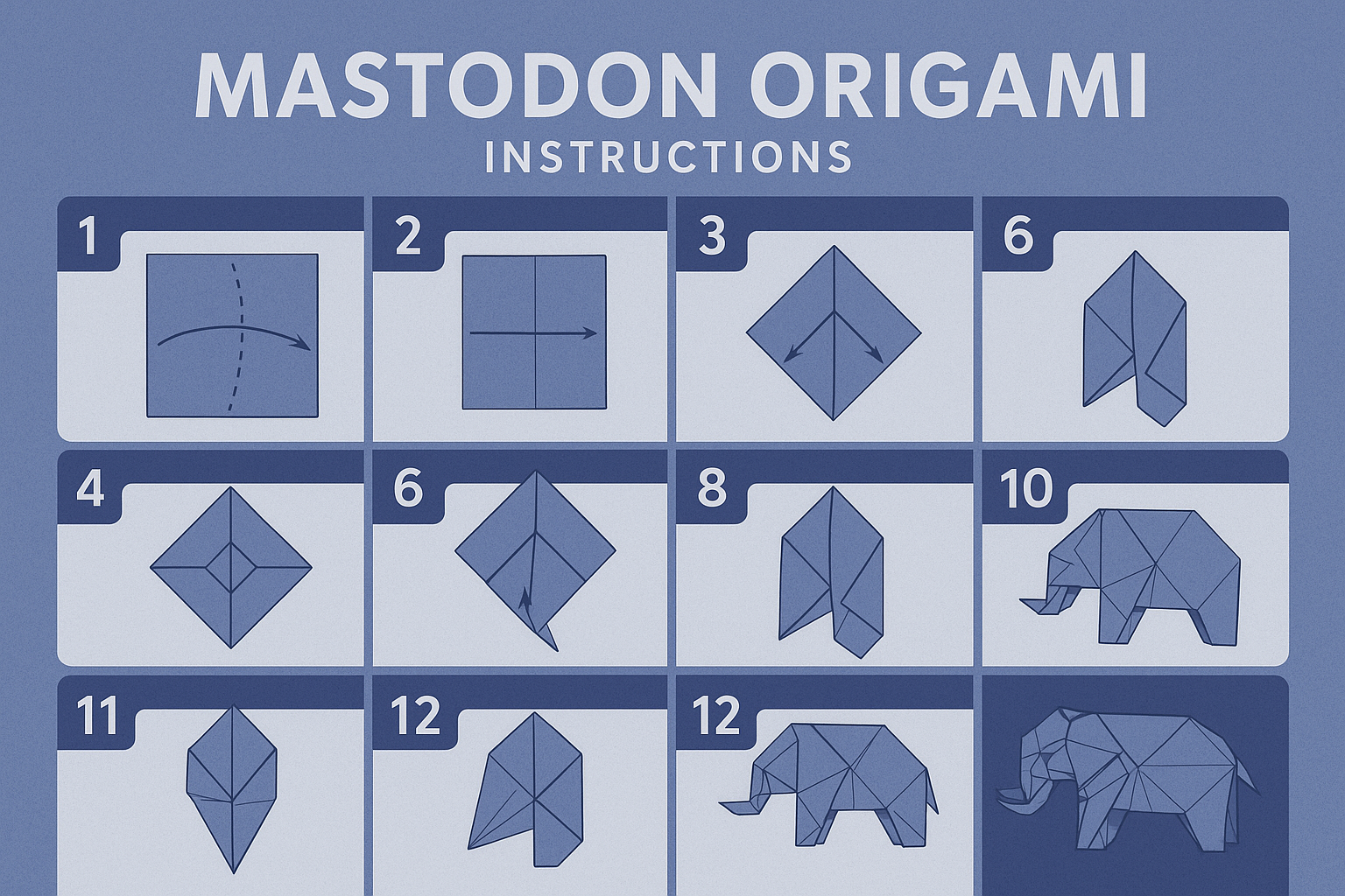Fake Origami instructions for folding a mastodon origami figure. There are 11 steps and one final image. The steps do not make much sense as soon as you try to follow the steps. the picture is blueish with a seqenze of blue illustrations on a white background 