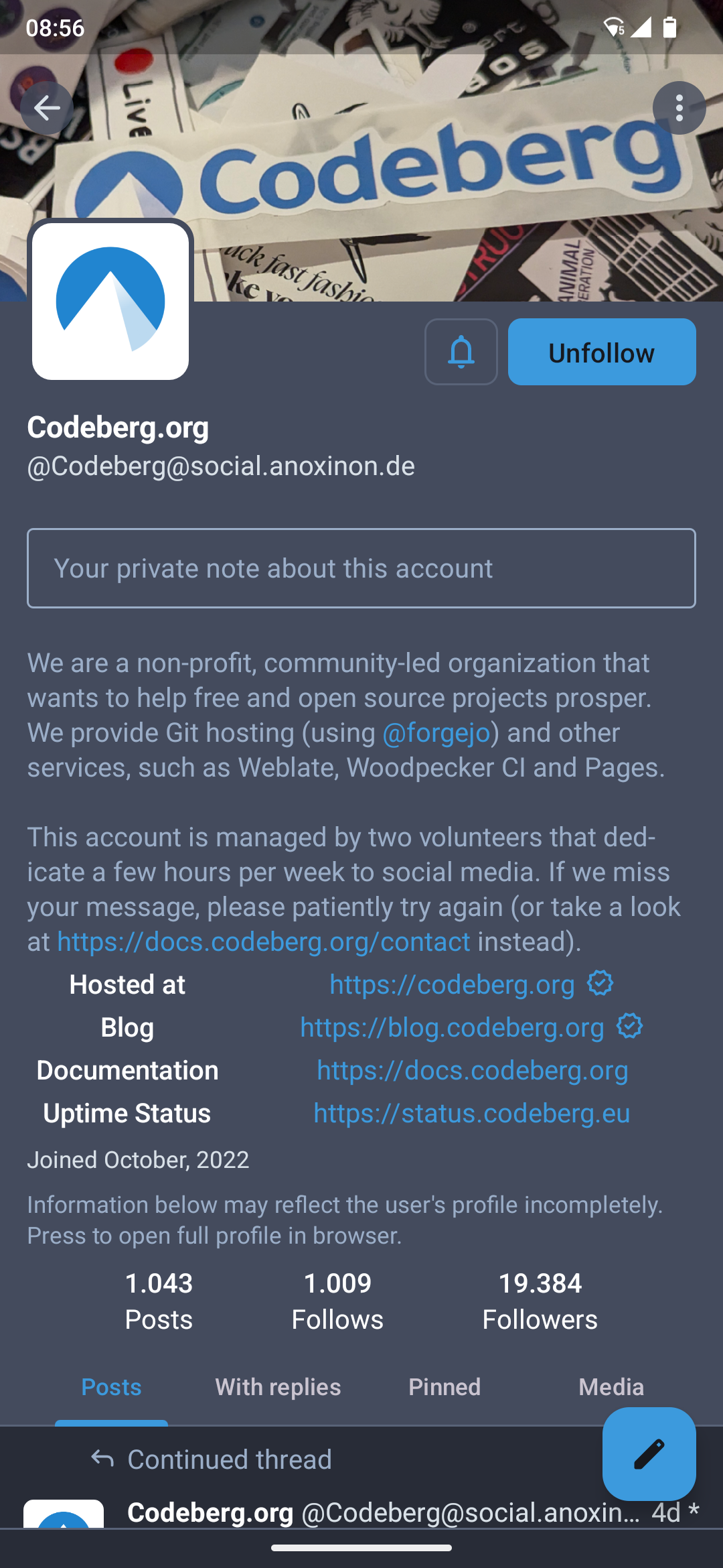 Screenshot of codeberg.org's fediverse profile viewed from Tusky