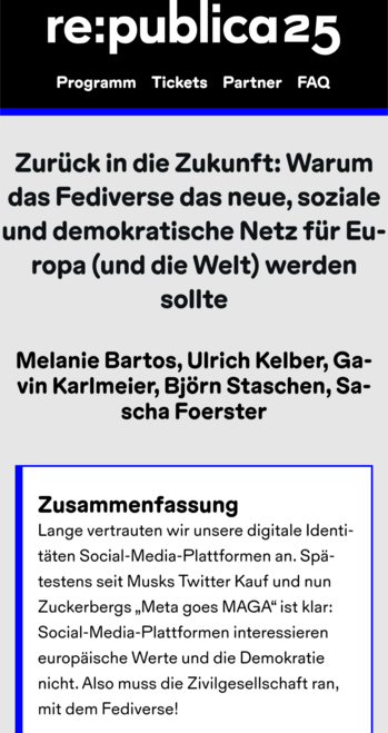 Screenshot der Ankündigung der im Beitrag verlinken Session der republica