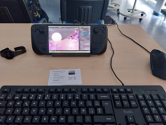 A photo of a Steam Deck in deck mode, running Blender

A keyboard and a vertical mouse are connected to it
