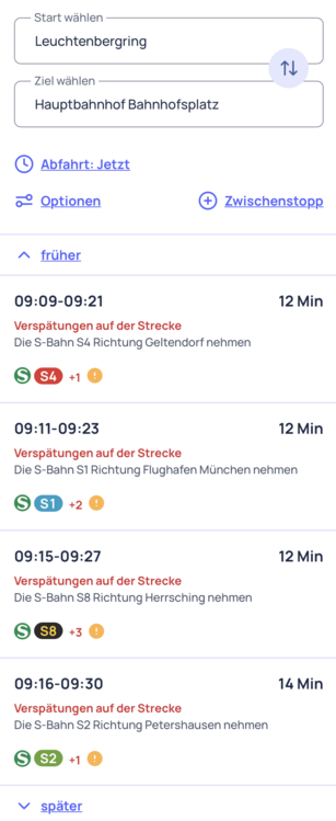 Screenshot der MVG Verbindungssuche (Webseite), jede Verbindung ist in rot markiert mit "Verspätungen auf der Strecke"