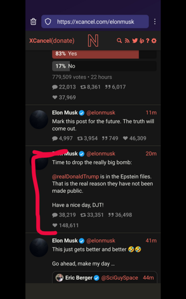 musk auf twitter:  "Time to drop the really big bomb:

@realDonaldTrump is in the Epstein files. That is the real reason they have not been made public.

Have a nice day, DJT!"