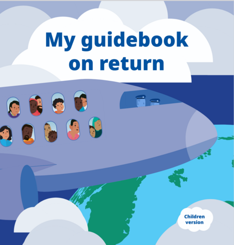 A picture children's book style showing an airplane high above the clouds (so high you can see earth's curvature) with a lot of people sitting inside of many skin colors. Only the pilots aren't discernible as humans.
Title "My guidebook on return"