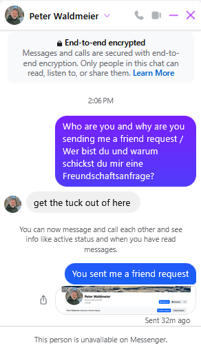 Peter Waldmeier writing on Facebook Messenger "get the tuck out of here"