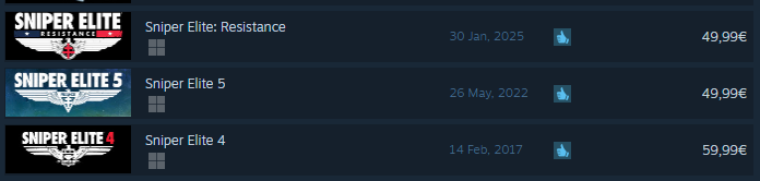 Screenshot aus Steam mit den Spielen "Sniper Elite: Resistance", "SE 5" und "SE 4" im Store. Die Preise sind wie im Post angegeben.