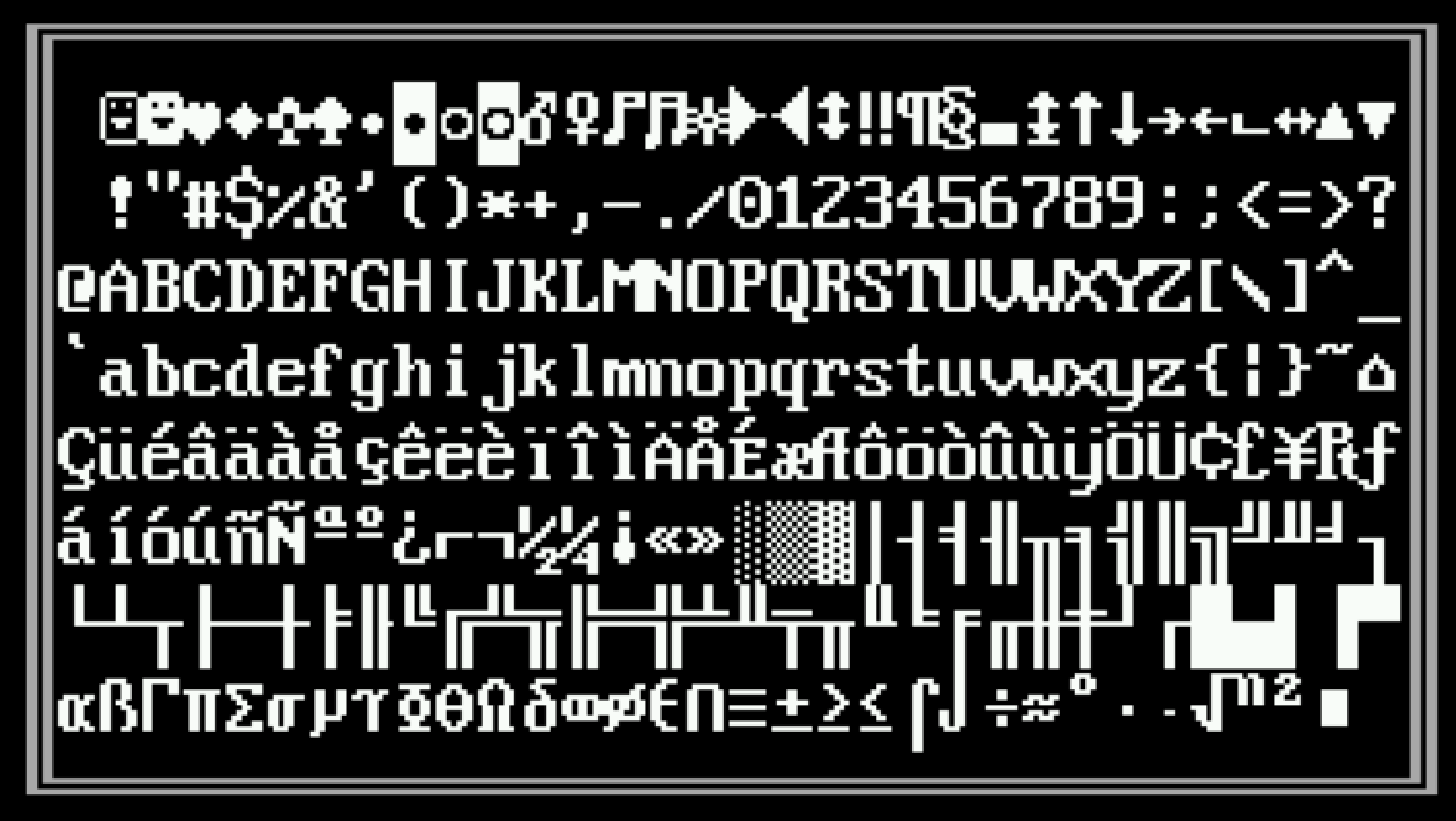 A rectangular array of all the characters in the IBM PC's character map.