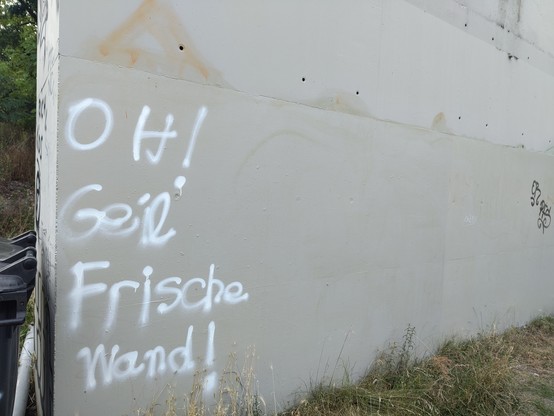 frisch gestrichene Wand auf der ein Graffiti steht: "Oh Geil Frische Wand"