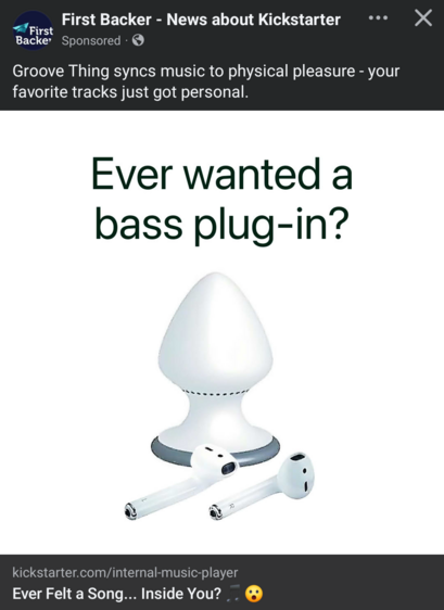 Facebook ad by Firstbacker showing a but plug subwoofer in the design of an Apple Airpod