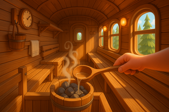 AIgenerated Bild aus dem Innern eines Eisenbahnwagens der aussieht wie eine Sauna. Eine Hand giesst Wasser auf heisse Lavasteine, eine Dampfwolke steigt auf