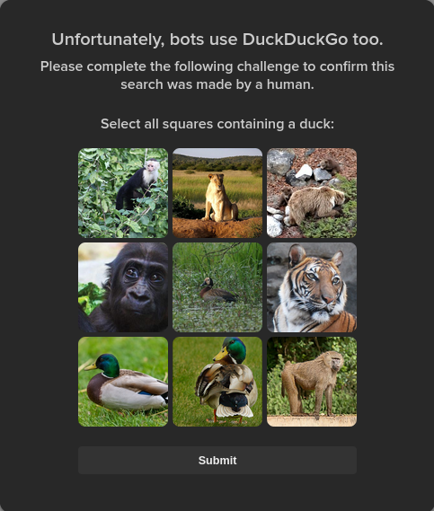 Screen capture of a DuckDuckGo CAPTCHA.