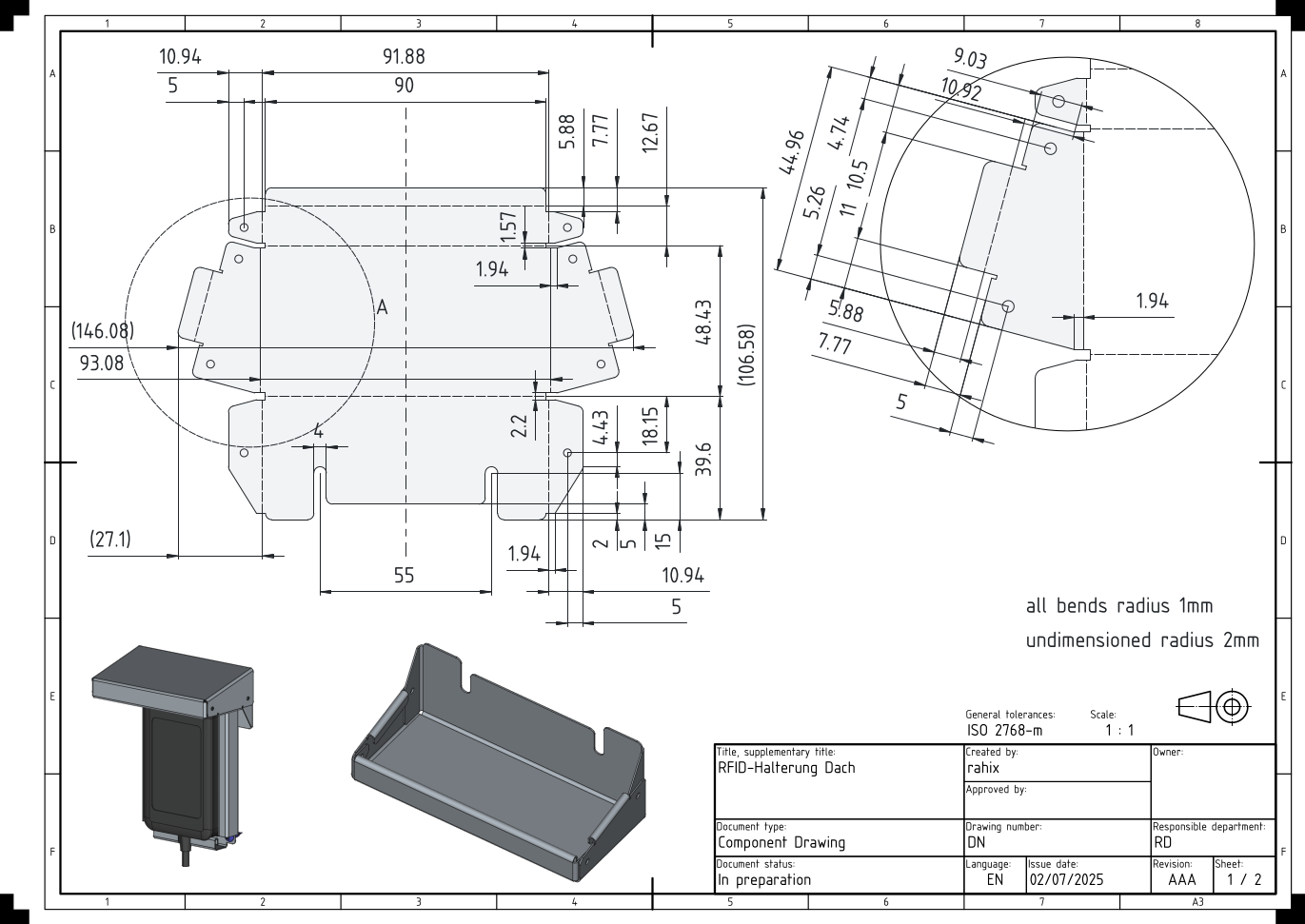 A technical drawing showing the unfolded sheet metal template.  A lot of chaotic dimensions are shown, barely enough to transfer the pattern to the metal.  Two 3d-views show the finished shape.