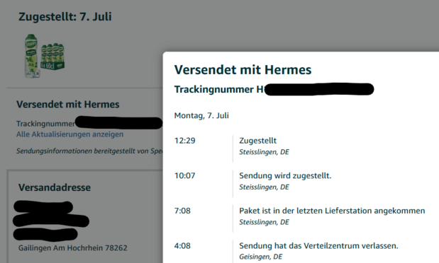 Screenshot Lieferverfolgung Amazon, zeigt Zustellung gestern Montag 7. Juli 12:29 in Steislsingen, Zieladresse wäre aber Gailingen am Hochrhein