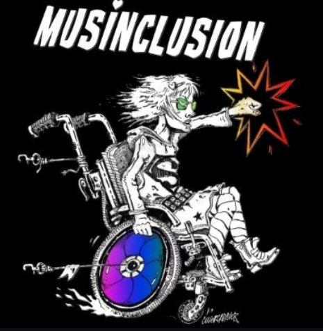 Auf dem bild ist eine Frau im Rollstuhl mit Super(wo)man Logo , einer faust die ein stern boxt und der rollstuhl bewegt sich sehr schnell. darübe steht Musinclusion