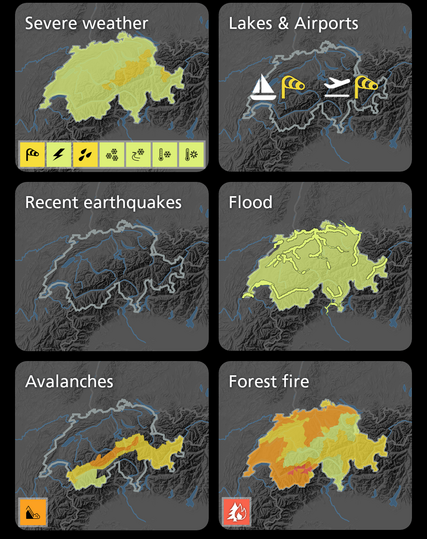 Maps of Switzerland in different colors depicting current hazards as described in the toot.
