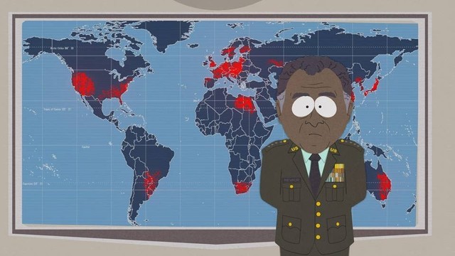 Southpark General vor einer Weltkarte in der einige Flecken rot sind