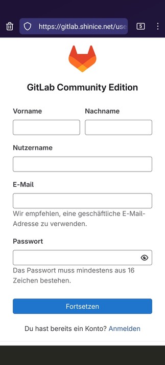 Registration to a Gitlab self hosted project. No registration with Github or Gitlab