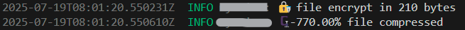 Screenshot terminal from tracing:

2025-07-19T08:01:20.550231Z  INFO myproject: 🔏 file encrypt in 210 bytes
2025-07-19T08:01:20.550610Z  INFO myproject: 🗜️ -770.00% file compressed