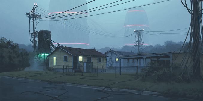 Ölgemälde von Simon Stålenhag aus dem Bildband "The Electric State" 

Im Zentrum des Bildes sind mehrere einstöckige Holzhäuser mit teilweise beleuchteten Fenstern und fehlenden Dachschindeln.

Links davon steht ein Strom- oder Telefonmast mit einem kleinen, rechteckigen, schwarzen Turm daneben, der einen Ring aus grünleuchtendem Neonlicht hat. Vom Boden des obersten Stockwerkes hängen über die gesamte Länge jeder Seite dicke Kabel nach unten. Manche gehen zu den Häusern, andere liegen lose ver…