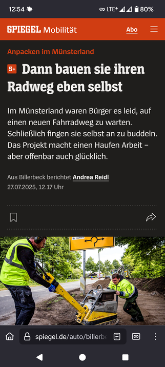 Screenshot eines SPON-Artikels:
"Anpacken im Münsterland: Dann bauen sie ihren Radweg eben selbst
Im Münsterland waren Bürger es leid, auf einen neuen Fahrradweg zu warten. Schließlich fingen sie selbst an zu buddeln. Das Projekt macht einen Haufen Arbeit – aber offenbar auch glücklich." 