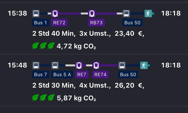 Ein Screenshot aus der NahSH App, dieser zeigt Beispielsweise die Züge RE7, 72, 73 & 74.