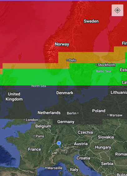 Map of Europe showing high probability of northern lights