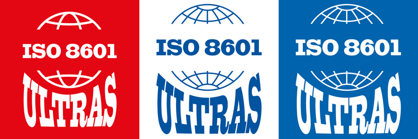 3 different versions of the same logo.
1st version: The current ISO logo with the a very simple grid of of globe, the text ISO 8601 in the center and the title ultras in an aggressive sports team like font below. Red background, white structures and text
2nd version: The ISO 9001 style logo logo with the a simple grid of of globe, the text ISO 8601 in the center and the title ultras in an aggressive sports team like font below. White background, light blue structures and text
3rd version: The o…