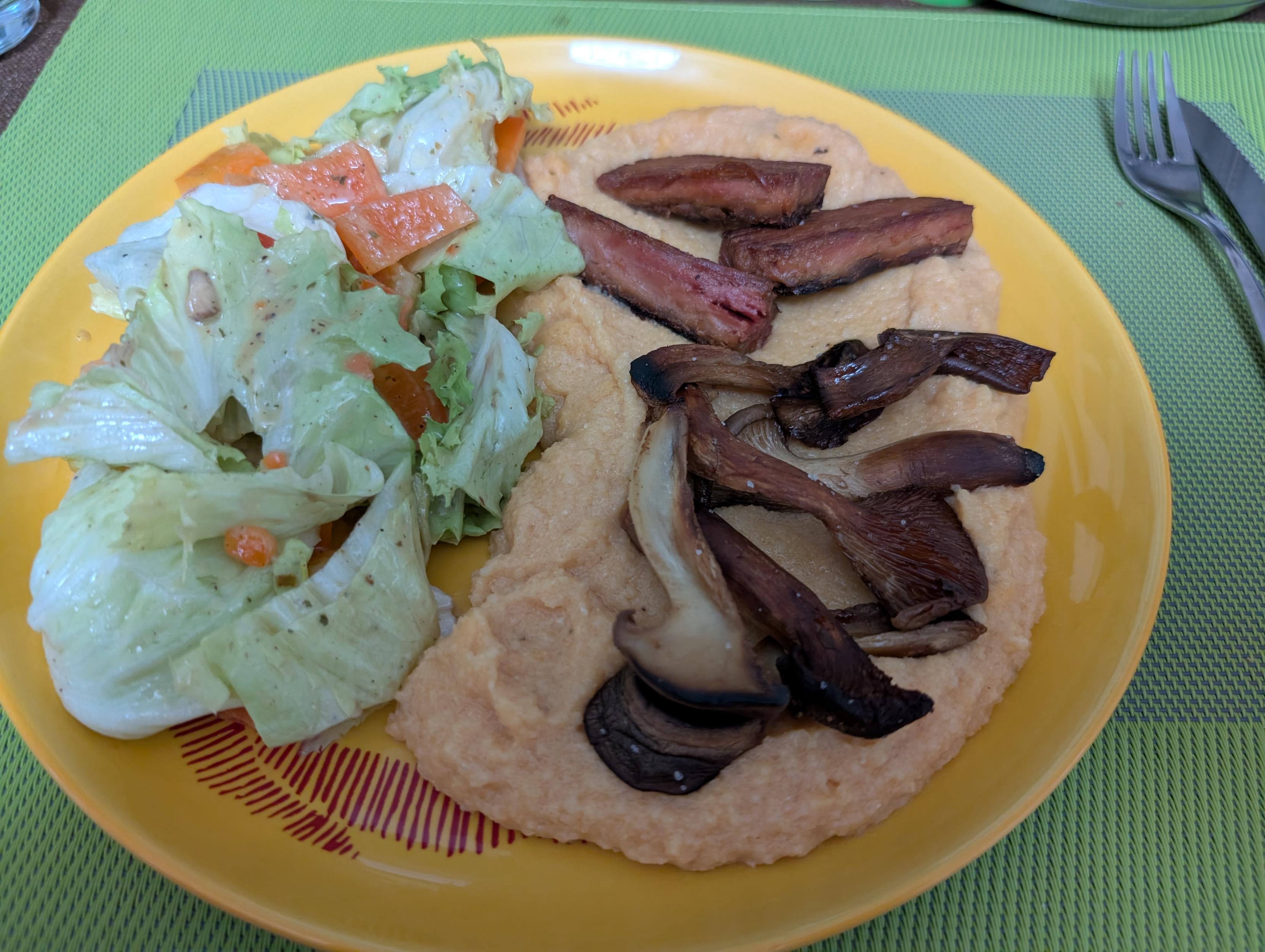 Ein gelber runder Teller, auf der linken Seite grüner Salat mit kleinen roten Paprikawürfeln, auf der rechten Seite rötliche Polenta, darauf knusprig gebratene kleine Kräuterseizlingshälften und 3 Scheibchen Juicy Marble Steak