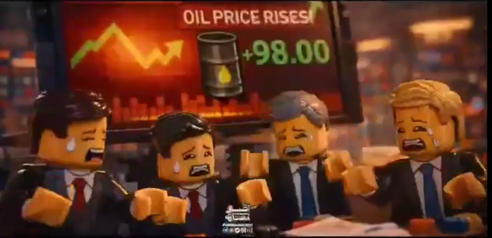 Lego style animation of traders and managers crying because the oil prices exceed 98 $ per barrel
